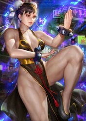 absurd_res alternate_costume breasts capcom china_dress chun-li chun-li_(battle_ouffit_sfv) cleavage female female_only highres large_breasts muscle muscular_female neoartcore paid_reward patreon_reward solo street_fighter street_fighter_ii thick_thighs