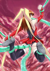 anal anal_sex ass blue_eyes boots bow brown_hair censored clothed_sex clothing female from_behind long_gloves long_hair looking_back mahou_shoujo_ai mina_sirouto oral penetration pussy rape restrained rin_(mahou_shoujo_ai) spread_legs stockings suspension tentacle tentacle_rape thighhighs torn_clothes triple_penetration vaginal_penetration