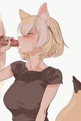 1boy animal_ears black_shirt blonde_hair blush breasts closed_eyes collarbone cum cum_in_mouth facial fellatio female fennec_(kemono_friends) fox_ears fox_tail highres kemono_friends large_breasts oral penis penis_grab shirt short_hair simple_background small_penis straight sweat tail toku_(yhpv8752) upper_body white_background