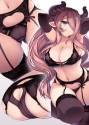 arms_behind_head ass_cleavage black_legwear black_panties butt_crack garter_belt garter_straps horns humanoid migumigu mostly_nude multiple_views pink_eyes pink_hair stockings tagme