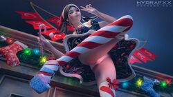 1girls 3d alternate_costume blender cameltoe christmas d.va female female_only hydrafxx open_toe_shoes overwatch panties solo thighhighs wallpaper