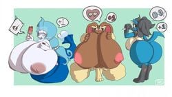 anthro areola belly big_belly big_breasts blue_body blue_eyes blue_fur blue_hair breasts brown_body brown_fur canid canine female fur growth hair huge_breasts hyper hyper_breasts lagomorph long_hair lopunny lucario mammal marine navel nintendo nipples nude pokemon pokemon_(species) pokemon_sm primarina simple_background smile story story_in_description thick_thighs trcfan video_games wide_hips