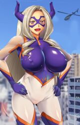 ameoto big_breasts blonde_hair bodysuit giantess huge_breasts looking_at_viewer mount_lady my_hero_academia yuu_takeyama