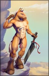 2019 abs anthro equid equine horse male male_only mammal melee_weapon muscular penis solo sword unguligrade_anthro viwrastupr warrior weapon