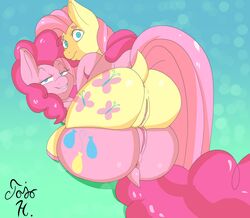 2girls absurd_res anus ass bedroom_eyes big_butt duo equid equine female female/female feral fluttershy_(mlp) friendship_is_magic hi_res jojo_hernandez looking_at_viewer mammal my_little_pony narrowed_eyes pinkie_pie_(mlp) pussy seductive yuri