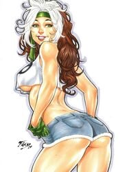 1girls 2019 anna_marie ass bandana big_breasts blue_shorts breasts brown_hair busty cutoffs dat_ass dated denim_shorts ed_benes_studio eyeshadow female female_only fred_benes from_behind gloves green_bandana green_eyes green_gloves green_headband hands_in_pockets headband homo_superior hot_pants large_breasts lipstick long_hair looking_back makeup marvel marvel_comics mascara multicolored_hair mutant nipple_bulge nipples pinup red_lips red_lipstick rogue_(x-men) shirt short_shirt shorts signature smile solo standing streaked_hair striped_hair thighs traditional_media underboob white_hair white_shirt x-men