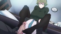 1boy :q akina-chan animated bangs black_legwear breasts buckethead_ero censored closed_mouth desk door dress erection fantia_reward feet female footjob green_dress green_eyes green_hair highres indoors large_breasts large_penis light-skinned_male long_sleeves looking_down mosaic_censoring original paid_reward pantyhose penis ribbed_sweater short_hair solo_focus straight sweater sweater_dress toes tongue tongue_out turtleneck turtleneck_sweater