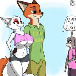 1:1 ^owo^ absurd_res albinefox angry anthro ass big_breasts big_butt breast_envy breast_size_difference breasts canid canine clothed clothing cuckquean disney fan_character female flat_chest fox hi_res humor judy_hopps large_breasts male mammal marshmallow_(albinefox) meme midriff nick_wilde simple_background skimpy skirt straight tongue tongue_out under_boob unrequited_love zootopia