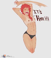 1girls arms_behind_head closed_eyes english_text female female_only fit l4wless midriff motion_blur open_mouth red_hair sketch small_breasts solo tanline tanned topless wet