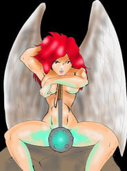 1girls artist_request brown_eyes dc female female_only hawkgirl long_hair mace nude red_hair shayera_hol smile solo tagme topless wings