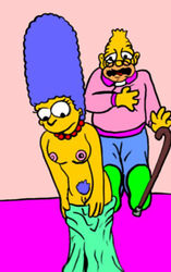 abraham_simpson blue_hair breasts clothes color escoria female front_view human male marge_simpson nipples tagme the_simpsons undressing vulva