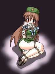 arms_behind_back blush bondage bound bound_ankles bound_arms bound_feet bound_legs brown_hair cleave_gag cloth_gag female gag gagged hat hogtie hong_meiling lili_(artist) lilish long_hair panties rope sweat the_embodiment_of_scarlet_devil tied_up touhou underwear