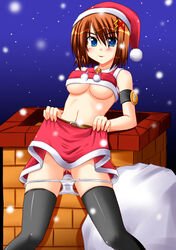 blue_eyes blush breasts christmas cum female hat hayate_yagami human lask lyrical_nanoha mahou_shoujo_cosplay_hayate mahou_shoujo_lyrical_nanoha mahou_shoujo_lyrical_nanoha_strikers panties panty_pull santa santa_costume santa_hat skirt skirt_lift thighhighs underboob underwear wet wet_panties