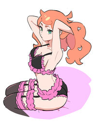 1girls adjusting_hair alternate_costume armpits ass black_bra black_panties bra breasts cleavage closed_mouth eyelashes female female_only frilled_bra frilled_panties frills garter_straps green_eyes hair_ornament heart heart_hair_ornament highres long_hair looking_at_viewer medium_breasts nintendo orange_hair panties pokemon pokemon_ss rnehrdyd1212 sitting solo solo_female sonia_(pokemon) thighhighs underwear white_background