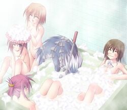 bathing bathtub between_breasts breasts closed_eyes female giantess group_bathing hayate_yagami human kago_no_tori kagonotori long_hair lyrical_nanoha macro_female mahou_shoujo_lyrical_nanoha mahou_shoujo_lyrical_nanoha_a's mahou_shoujo_lyrical_nanoha_strikers micro_female micro_in_cleavage micro_on_macro nude person_between_breasts reinforce_zwei shamal short_hair signum vita wink zafira