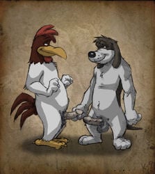 2boys anthro barefoot barnyard_dawg bird black_nose canine chicken dog erection facing_eachother foghorn_leghorn fur furry furry_only gay holding_penis humanoid_penis imminent_sex interspecies k-9 long_ears looney_tunes male male_only mammal multiple_males no_humans penis smile soft_feathers standing yaoi