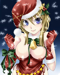 bare_shoulders bell blonde_hair blue_eyes breasts christmas elbow_gloves female female_only final_fantasy final_fantasy_tactics final_fantasy_tactics_(original) gloves hal_(haruna) hal_(pixiv53536) hat human long_hair nipples pointy_chin santa santa_costume santa_hat smile snowflakes solo