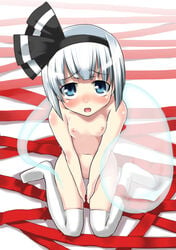 1girls blue_eyes blush female flat_chest gengorou hairband hitodama kneeling myon navel nude open_mouth ribbon short_hair silver_hair solo thighhighs touhou youmu_konpaku youmu_konpaku_(ghost)