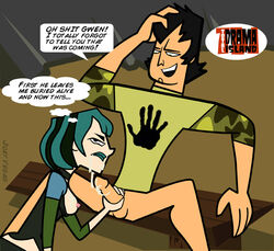 blowjob cum_on_face fellatio female green_hair gwen_(tdi) hair human human_only humanoid joey_vegas male penis straight straight_hair text total_drama_island trent_(tdi)