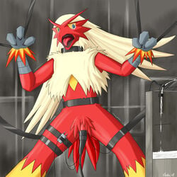 3_fingers audie-gryph blaziken bound claws color cum electrostimulation front_view male male_only milking nintendo penis_milking pokemon pokemon_(species) solo tagme