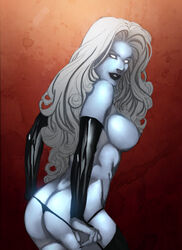 1girls alternate_version_available areola ass big_breasts breasts chaos_comics color colored dat_ass ed_benes ed_benes_studio female female_only lady_death large_breasts long_hair nipples smile solo thong white_eyes white_hair white_skin