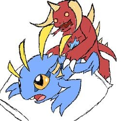 blue_skin claws colored_sketch feral_on_feral fins forked_tongue horn horns mini-diablo murky_(hots) murloc one_tooth open_mouth pillow red_skin simple_background sketch slit_pupils spines tail world_of_warcraft