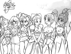 6girls ayla chrono_trigger female flea futanari human intersex lucca marle monochrome multiple_females multiple_girls queen_leene schala