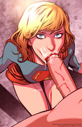 blue_eyes cape clothed_female_nude_male cum cum_in_mouth dc fellatio from_above hair intheshade kneeling lipstick long_hair looking_up oral penis scott_jones shade_jones supergirl superheroine veiny veiny_penis