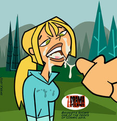 1boy 1girls blonde_hair bridgette_(tdi) cum cum_in_mouth cum_on_face cumshot female geoff_(tdi) human joey_vegas male oral outdoors straight straight_hair total_drama_island