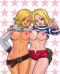 2girls artist_request belt blonde_hair blue_eyes breasts censored dance_dance_revolution dancers duo duo_focus female_focus female_only hand_on_hip hand_on_shoulder jennifer_hurley konami large_breasts long_sleeve_shirt long_sleeves looking_at_viewer multiple_girls n.m.r navel open_mouth painted_nails partial_nudity partially_nude partially_nude_female pointing rule_63 short_hair short_shorts smile striped_clothing striped_shirt unbuttoned_shorts video_games