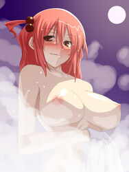 blush breasts breasts_apart hair_bobbles hair_ornament huge_breasts komachi_onozuka mist moon night nipples nude red_hair short_hair steam touhou towel tro wet