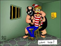 2boys artist_request ball_gag clothed glasses male male_only stool striped_topwear tagme tied_up waldo where's_waldo