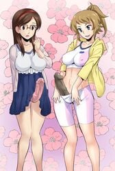 bike_shorts blue_eyes breasts brown_eyes brown_hair core-suke earrings erect_nipples flower futanari glasses gundam gundam_build_fighters gundam_build_fighters_try hairband highres hoshino_fumina intersex jacket jewelry kousaka_china large_breasts large_penis long_hair midriff navel penis ponytail sports_bra tied_hair