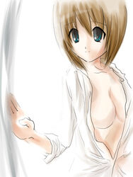 brown_hair dress_shirt female hayate_yagami human lyrical_nanoha mahou_shoujo_lyrical_nanoha mahou_shoujo_lyrical_nanoha_a's mahou_shoujo_lyrical_nanoha_strikers open_clothes open_shirt shirt short_hair sleeves_pushed_up smile wagashi wagashi_(okashina) white_shirt