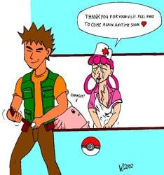 00s 2002 bad_puns brock_(pokemon) chansey cum female human male nipple_slip nurse_joy pokemon saiyaman