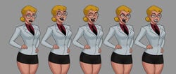 1girls batman:_the_animated_series batman_(series) black_skirt blonde_hair dc dc_comics dcau doctor dr._harleen_quinzel female female_only glasses hair_bun harleen_quinzel hourglass_figure large_breasts miniskirt pencil_skirt pose poses posing red_shirt skirt skirt_suit solo something_unlimited sunsetriders7 tagme the_new_batman_adventures tight_skirt white_jacket wide_hips