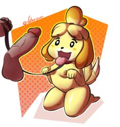 2019 animal_crossing anthro ass balls blush breasts canid canine canis collar domestic_dog female fur hair hi_res humanoid invalid_tag isabelle_(animal_crossing) leash male mammal navel nintendo nipples nude open_mouth penis shih_tzu simple_background smile tailwag tongue tongue_out toy_dog vetero video_games yellow_body yellow_fur