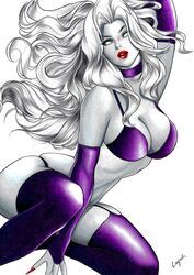 avatar_press bra breasts busty chaos!_comics chaos_comics cleavage coffin_comics ed_benes_studio eyeshadow female female female_only gloves grey_skin high_resolution lady_death large_breasts layne_pereira lipstick long_hair looking_at_viewer makeup mascara nail_polish one_arm_up pantsu pinup purple_bra purple_gloves purple_legwear purple_panties purple_thighhighs purple_thong red_lips red_lipstick red_nail_polish red_nails sharp_nails signature solo squatting thighhighs thighs thong traditional_media underwear white_eyes white_hair