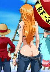 1girls 2boys artist_request ass ass_cleavage backboob bikini_top butt_crack dat_ass female franky_(one_piece) from_behind jeans large_breasts long_hair male monkey_d_luffy nami no_panties one_piece orange_hair outdoor pirate post-timeskip sagging_pants