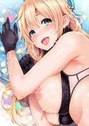 1girls atago_(kantai_collection) beret black_bra black_gloves blonde_hair blush bra bra_pull breasts condom eyebrows eyebrows_visible_through_hair female female_only gloves green_eyes hat kantai_collection kotengu large_breasts liquid long_hair nipples open_mouth petals polka_dot polka_dot_bra saliva see-through smile solo tongue tongue_out underwear