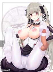 1boy absurdres azur_lane bare_shoulders between_breasts black_dress bow breasts detached_collar detached_sleeves dress erection feet female femdom flight_deck footjob formidable_(azur_lane) frilled_dress frills grey_hair hairbow highres large_breasts long_hair long_sleeves looking_at_viewer pantyhose penis pussy red_eyes rezodwel sidelocks smile straight twintails uncensored very_long_hair