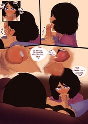 2futas balls bulge comic dark_skin fellatio futanari intersex mia_(prettysinny) penis precum prettysinny speech_bubble text