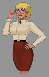 athletic biceps big_breasts blonde_hair blue_eyes breasts busty cartoon_network clone dc dc_comics dcau eyelashes female female_focus fit fit_female galatea glasses large_breasts lipstick pencil_skirt pinup short_hair skirt sunsetriders7 toonami