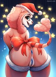 2019 anthro anus ass blue_eyes bow canid canine canis christmas clothing domestic_dog female fur hat headgear headwear holidays hybrid mammal open_mouth pink_body pink_fur poodle pussy santa_hat smile solo teeth tongue zazush-una