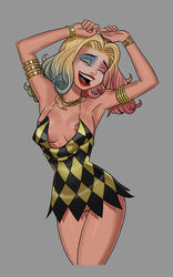 batman_(series) blonde_hair breasts dc dc_comics dcau dress female female_focus female_only harley_quinn hourglass_figure innie_pussy large_breasts minidress multicolored_clothes multicolored_dress navel nipple_slip nipples pose posing pubic_hair pussy solo sunsetriders7 tagme vagina wide_hips