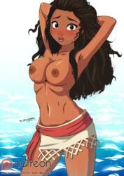 2019 5:7 aldharoku armpits arms_behind_head arms_up artist_name blush braless breasts brown_eyes brown_hair dark_skin dated disney disney_princess embarrassed female hands_behind_head hawaiian long_brown_hair long_hair looking_at_viewer medium_breasts miniskirt moana moana_waialiki nipples no_shirt nose ocean open_mouth pacific_islander patreon_logo patreon_username petite polynesian public_topless sea shocked solo standing straight_hair teen teenage_girl teenager the_dark_mangaka topless uncensored_breasts uncomfortable young