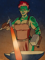 1girls 2015 amber_eyes anvil apron areolae artist_name athletic biceps big_breasts blacksmith blizzard_entertainment breasts busty fantasy female female_only green_skin hammer humanoid large_breasts mohawk_(hairstyle) muscles muscular muscular_female nipple_slip nipples no_visible_genitalia nose_piercing orc orc_female piercing pointy_ears red_hair reinbach solo tattoos tusks undercut warcraft wide_hips world_of_warcraft