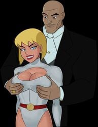 1boy 1girls alien alien_girl bald black_eyes blonde blonde_hair blue_eyes breast_grab breasts cleavage cleavage_cutout dc dc_comics dcau female galatea grabbing_from_behind leotard lex_luthor looking_at_partner male sci-fi science_fiction scifi short_hair size_difference smiling sunsetriders7 white_leotard