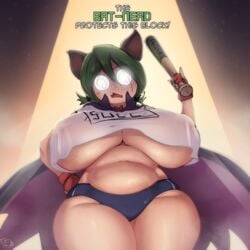 1girls animal_ears breasts chubby chubby_female cleavage coffeeslice curvaceous curvy female female_focus female_only glasses green_hair hips huge_breasts looking_at_viewer nerd_(coffeeslice) plump short_hair solo solo_female solo_focus thick_thighs underboob voluptuous wide_hips