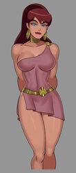 1girls abs arms_behind_back big_breasts blue_eyes breasts busty choker cleavage dc dc_comics dcau doris_zeul earrings female female_focus female_only giganta gold_jewelry hourglass_figure large_breasts long_hair looking_at_viewer muscular_female navel nipples pinup ponytail red_hair red_lipstick redhead short_dress short_skirt smiling smiling_at_viewer solo solo_female sunsetriders7 supervillain thick_thighs thigh_gap wide_hips wonder_woman_(series)